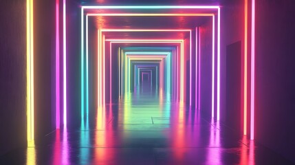 A neon-lit hallway, reminiscent of the style found in experimental digital art and glitch graphics
