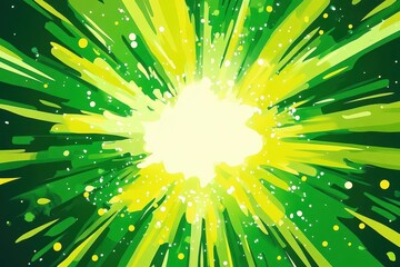 green cartoon-style explosion background, vividly illustrating a burst of energy and creativity with dynamic shapes and playful colors