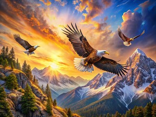 Obraz premium Majestic Eagles Soaring Above Mountain Peaks - Watercolor Painting Style Candid Photo