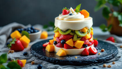 Obraz premium Layered Fruit Dessert Topped With Whipped Cream