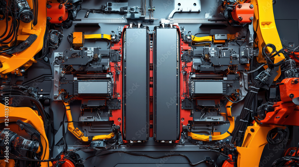 Poster high tech robotic arms assembling electric car battery cell modules in modern factory setting. intri