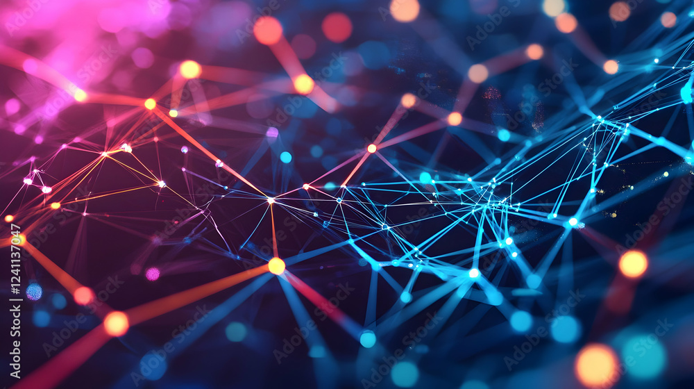 Poster abstract network visualization with colorful nodes and connections in motion