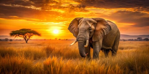 Obraz premium Majestic Elephant at Sunset: Golden African Savanna Grassland