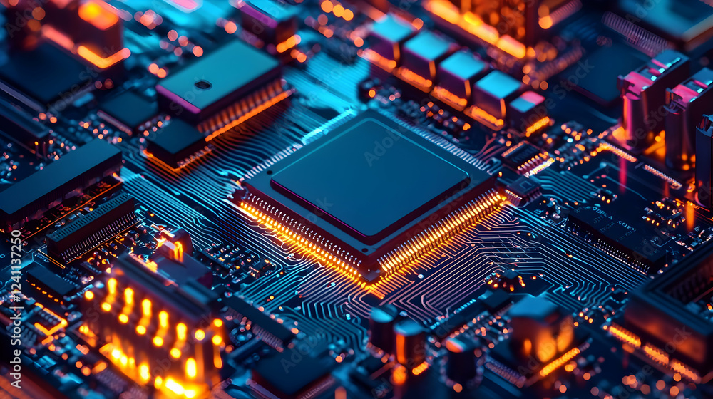 Poster close-up of a vibrant microchip with glowing circuitry on a circuit board
