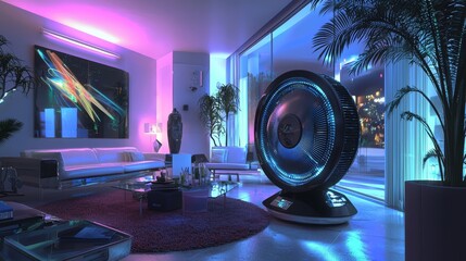 A high-tech fan with a holographic display cooling an elegant living room with modern art, glass furniture, and soft natural lighting, neon futuristic design