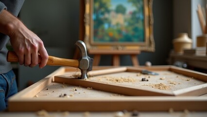 Obraz premium A person crafting a handmade wooden frame for a painting, using a hammer and nails in a cozy home workshop with art supplies scattered around