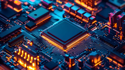 Obraz premium Close-up of a vibrant microchip with glowing circuitry on a circuit board