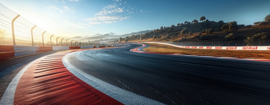Sunlit racetrack winds through vast landscape of rolling hills and distant mountains under partly cloudy sky