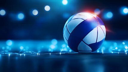 A vibrant blue and white volleyball on a glowing surface, surrounded by soft blue lights creating a dynamic atmosphere.