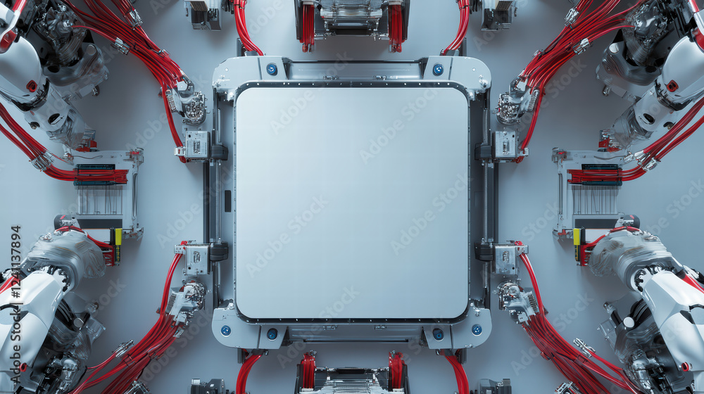 Aufkleber robotic arms assembling electric car battery cell modules in modern factory setting, showcasing adva
