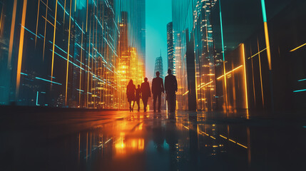 Group of business people silhouettes in modern office building and business network concept. Human resources with pastel innovation charts and graphs with statistics to analyze business