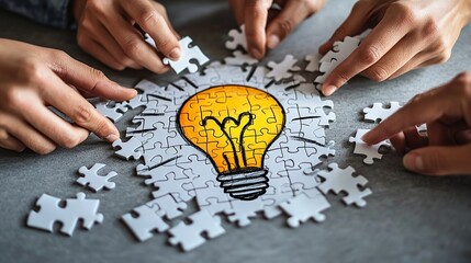 Hands Collaboratively Assembling a Light Bulb Puzzle