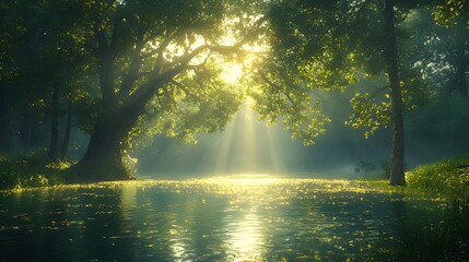 Obraz premium Sunlit forest lake, morning mist, calm water, autumn leaves, peaceful scene