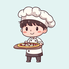 A cute little boy hold pizzawear chef uniform vector illustration