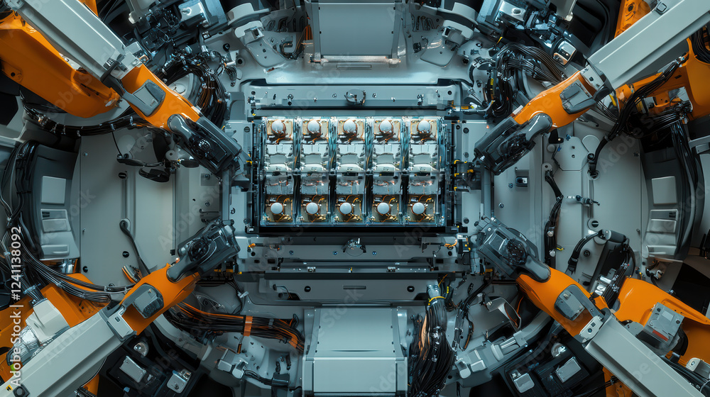 Poster automated robotic arms assembling electric car battery cell modules in high tech environment, showca