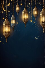 Golden lanterns illuminate a starry night sky with crescent moon and magical charm