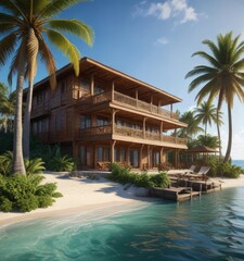 Fototapeta premium Oceanfront wooden hotel surrounded by swaying palm trees, wooden decor, beachside retreat