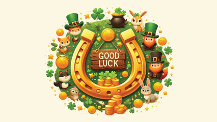 Fototapeta premium A golden horseshoe surrounded by a group of playful leprechauns and small animals like rabbits or squirrels. Include shamrocks, gold coins, and a rustic wooden sign that says 'Good Luck' 