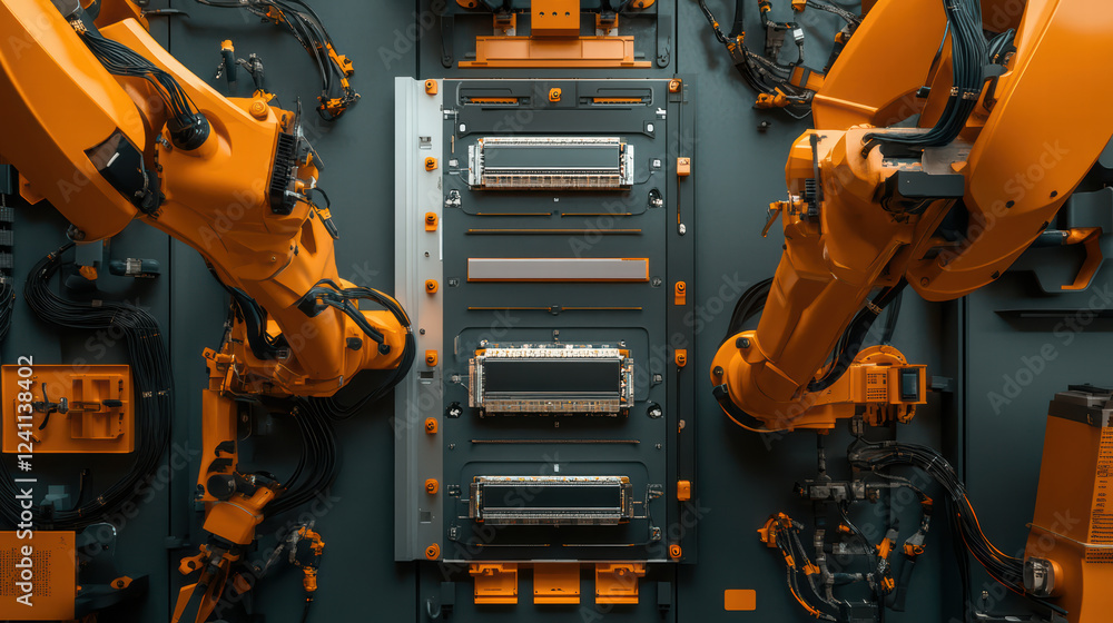 Poster robotic arms assembling electric car battery cell modules in high tech environment, showcasing advan