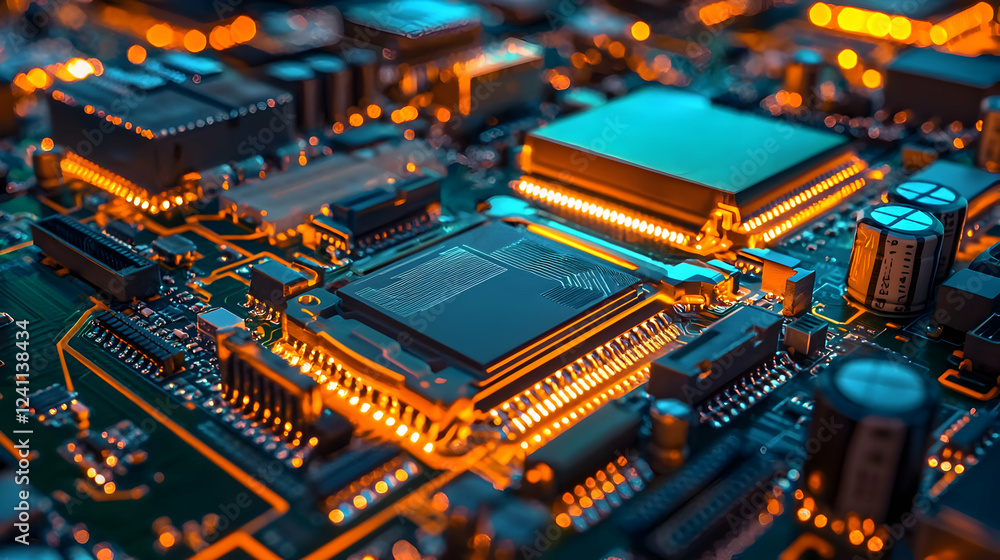 Poster close-up view of a circuit board with glowing components and intricate design