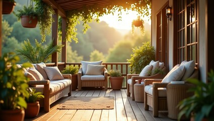 Fototapeta premium Cottagecore design of modern Balcony in the Morning, cinematic photography