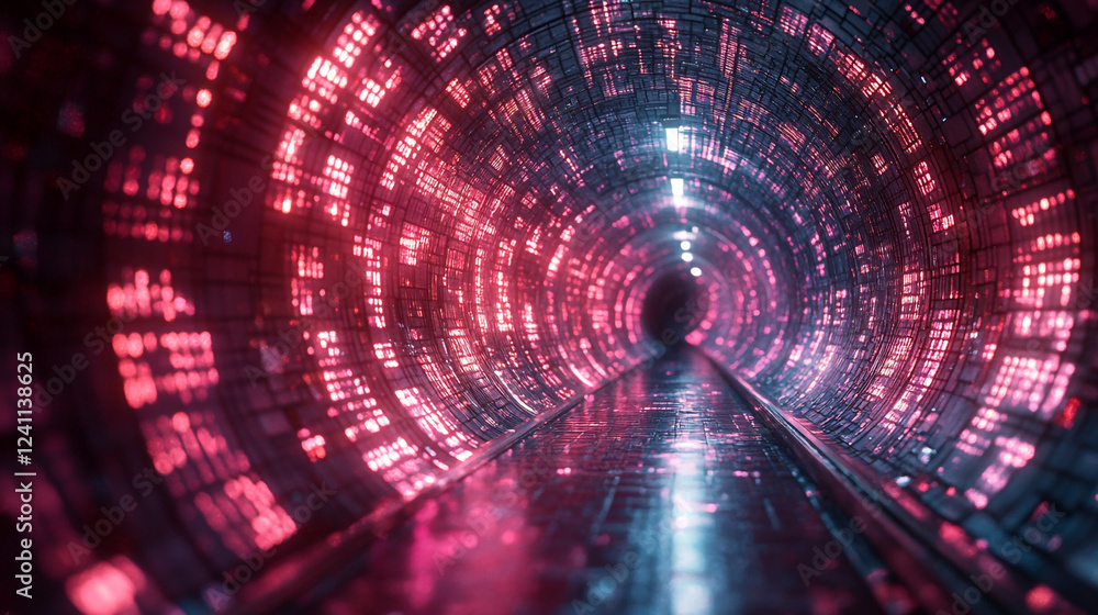 Poster brightly lit tunnel with colorful patterns and reflections in a futuristic setting
