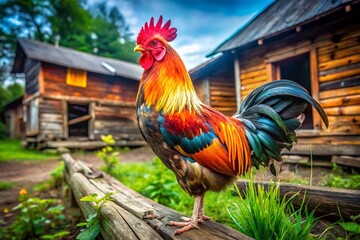 Majestic Rooster on Colorful Chicken Farm: Rustic Outdoor Poultry Photography