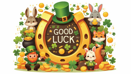 A golden horseshoe surrounded by a group of playful leprechauns and small animals like rabbits or squirrels. Include shamrocks, gold coins, and a rustic wooden sign that says 'Good Luck' 