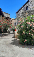 Maison en pierre, fleurie de lauriers roses, dans la vallée de l'Ibie dans le département de l'Ardèche en France