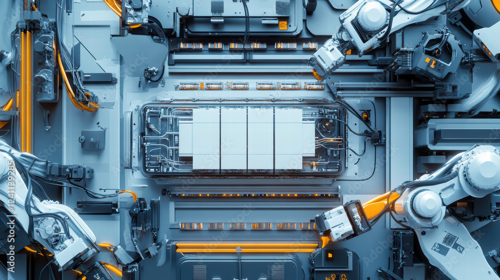 Poster automated robotic arms working on electric car battery cell modules in high tech environment. scene 