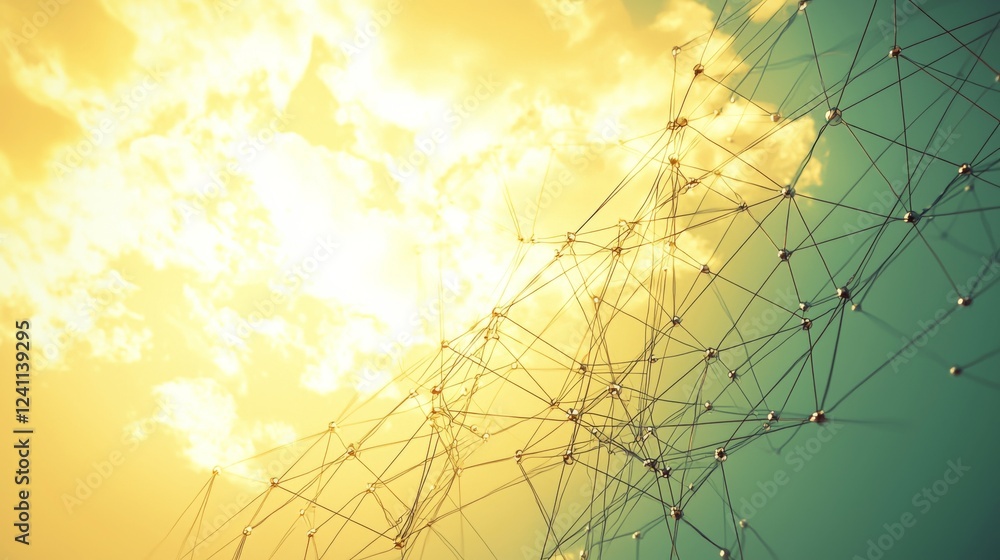 Poster abstract network structure with cloudy sky background in warm and cool tones