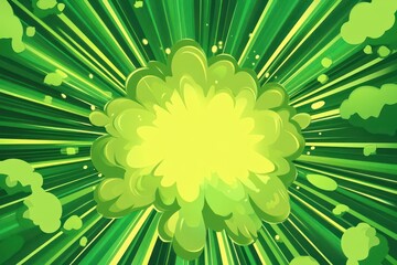 green cartoon-style explosion background, vividly illustrating a burst of energy and creativity with dynamic shapes and playful colors