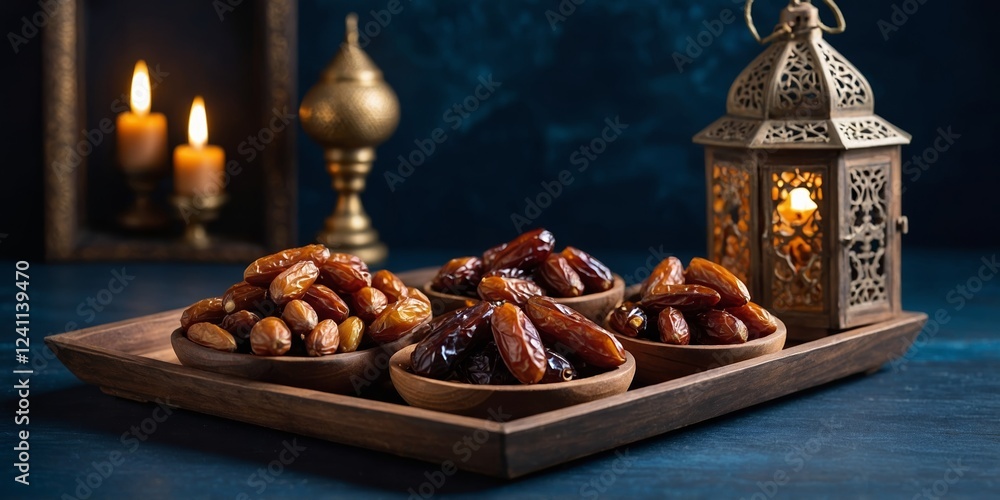 Poster elegant presentation of assorted dates with decorative lanterns and candles in a warm ambiance