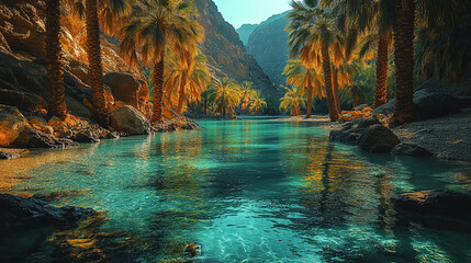 Obraz premium Serene oasis in the mountains with palm trees and crystal clear water