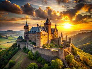 Fototapeta premium Majestic Medieval Fortress Towers at Dawn: Epic Fantasy Kingdom Stock Photo