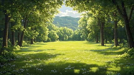 Naklejka premium Sunlit Forest Meadow, Hillside Background, Nature Scene
