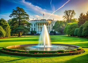 Fototapeta premium Majestic South Lawn Fountain, Washington DC: Presidential Estate Summer Day