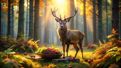 Majestic Stag in Autumn Forest Feast: Wild Mushroom & Berry Platter