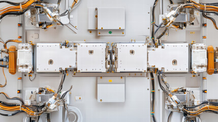 High tech robotic arms working electric car battery cell modules, showcasing intricate wiring and components. image highlights advanced manufacturing technology and automation automotive industry