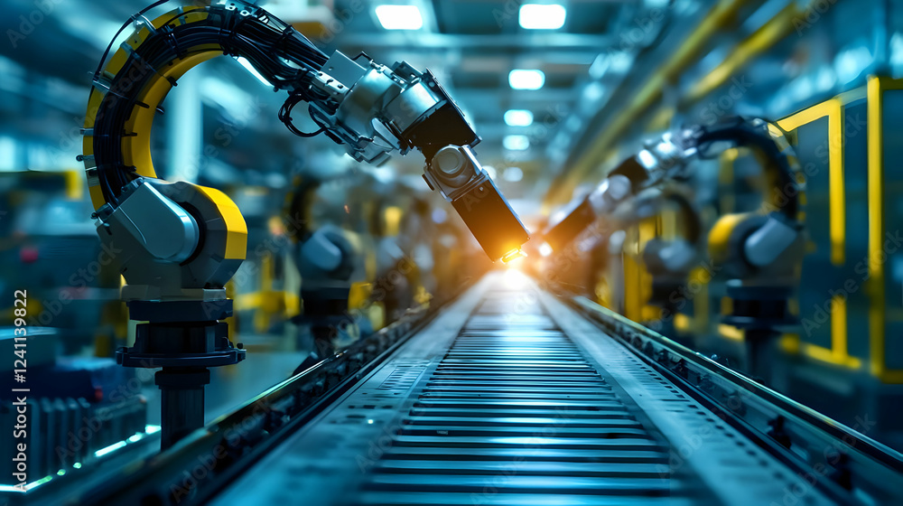 Poster advanced robotic arms operating on a production line in a modern factory