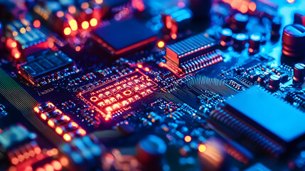 Fototapeta premium Close-up of a vibrant electronic circuit board with glowing components