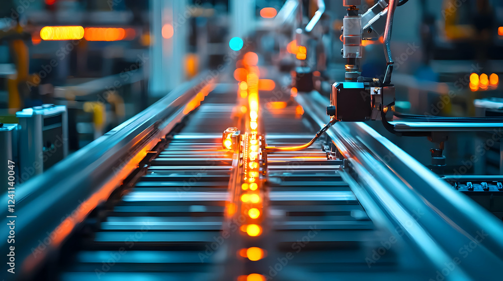 Poster automated production line with glowing sensors and machinery in a factory setting