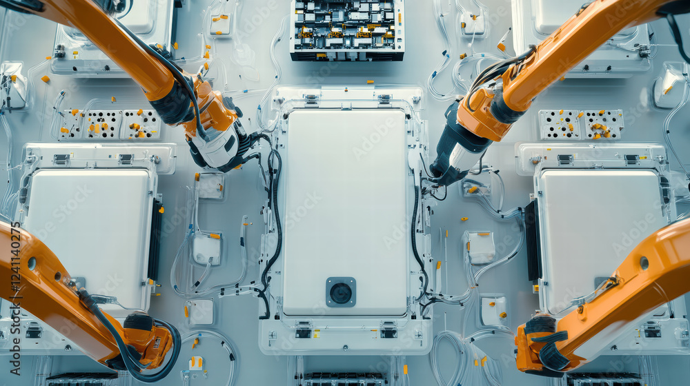 Poster automated robotic arms assembling electric car battery modules in factory setting, showcasing advanc