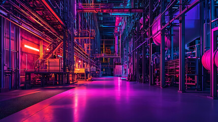 Vibrant industrial scene showcasing illuminated machinery and storage areas