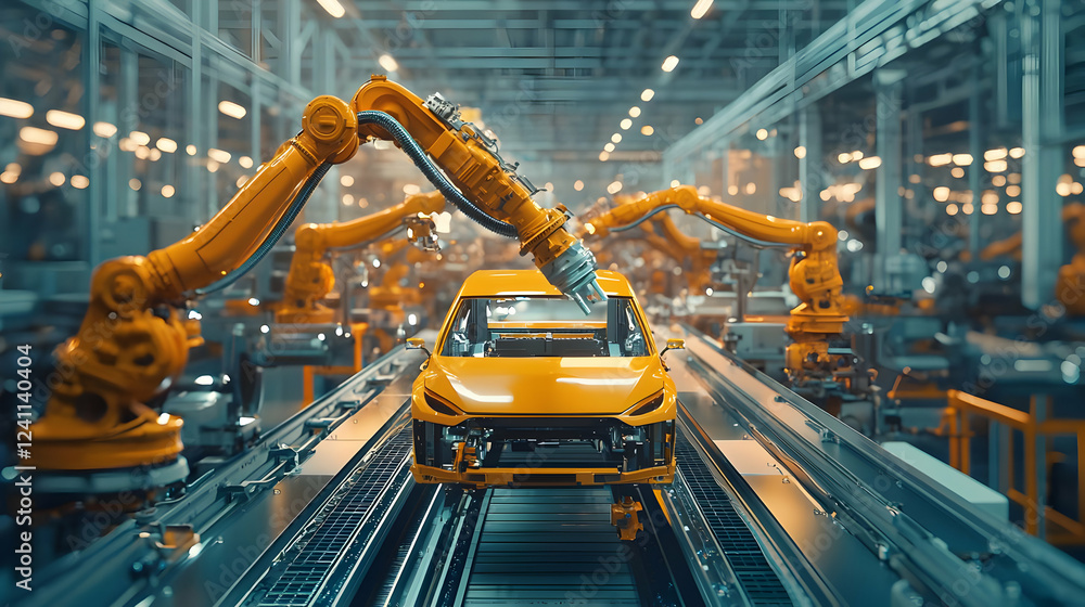 Poster automated robotic arms assembling a bright yellow car in a busy factory