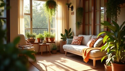 Cottagecore design of modern Balcony in the Morning, cinematic photography