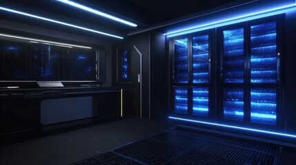 High-tech server room with glowing blue lights and advanced digital racks, showcasing modern data storage and cutting-edge network infrastructure