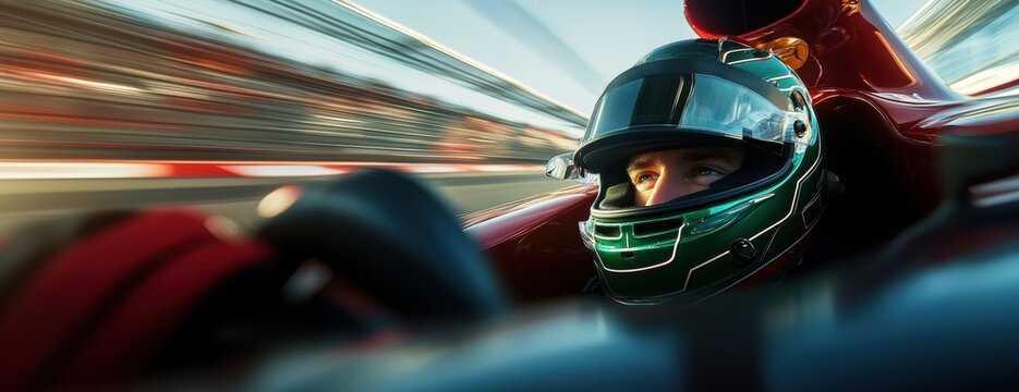 Close-up view of Formula 1 driver in helmet sitting inside race car and speeding down the track with blurred background showing high speed