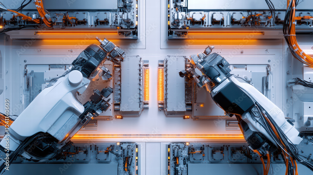 Poster robotic arms assembling electric car battery cell modules in high tech environment, showcasing advan
