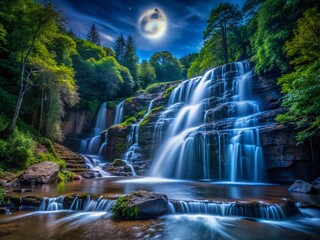 Obraz premium Majestic Nightfall at North Fork Falls: Dramatic Waterfall Illuminated by Moonlight